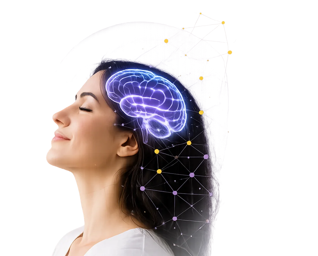 Mujer con los ojos cerrados y la ilustración de un cerebro iluminado